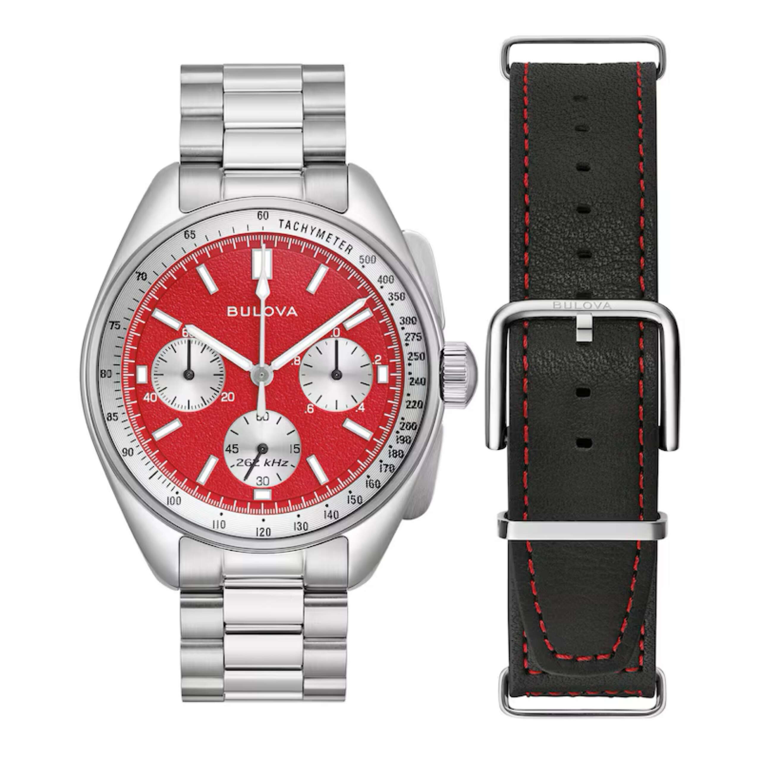 Bulova Lunar Pilot Chronograph Watch with Red Dial and Interchangeable Black Leather Strap