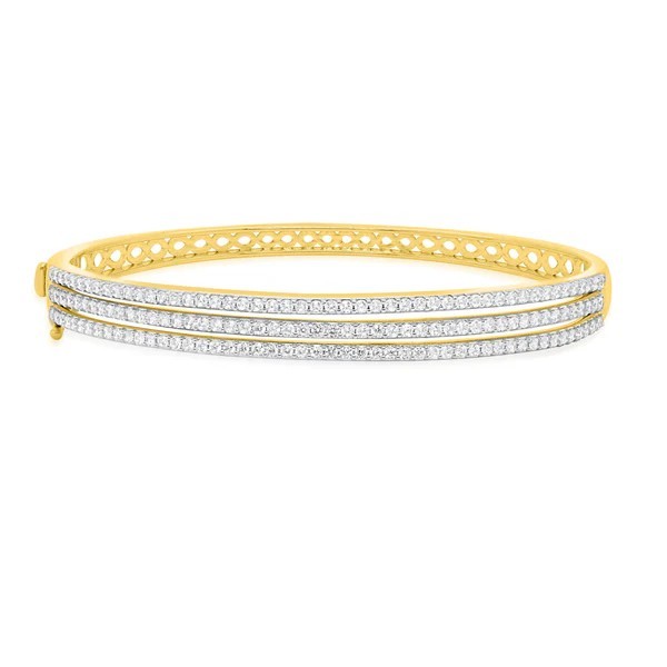 14k YG 12.9g 2.00ctw Round Lab Grown Diamond Triple Row Bangle