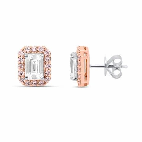 14k 2-Tone 3.1g 2.60ctw Emerald Cut Center Lab Grown Diamond with Pink Lab Grown Diamond Halo Stud Earrings