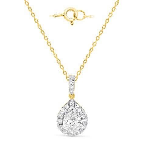 14k YG 1.00ctw Pear Shape Lab Grown Diamond Halo Essentials Pendant w/Chain Necklace